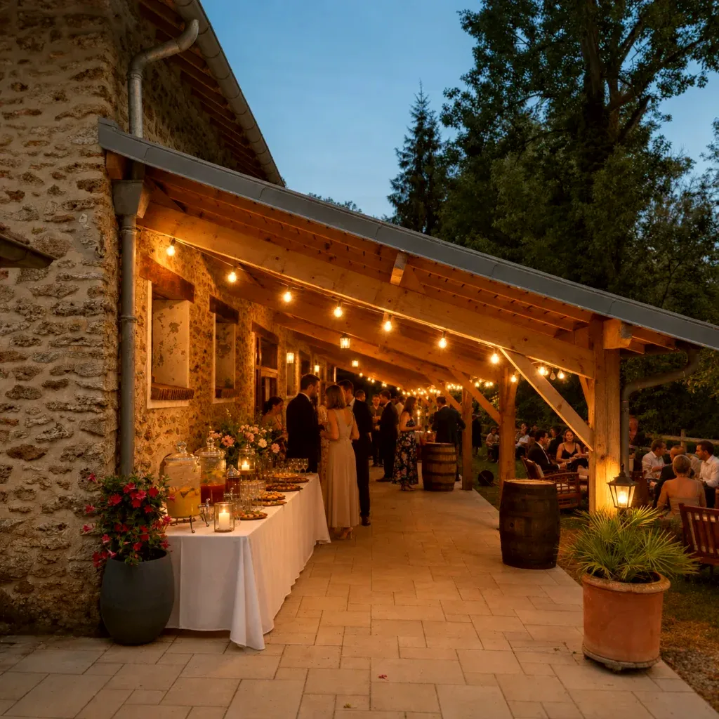 Buffet de cocktail dressé sous le préau illuminé du Domaine du Moulin Bicheret