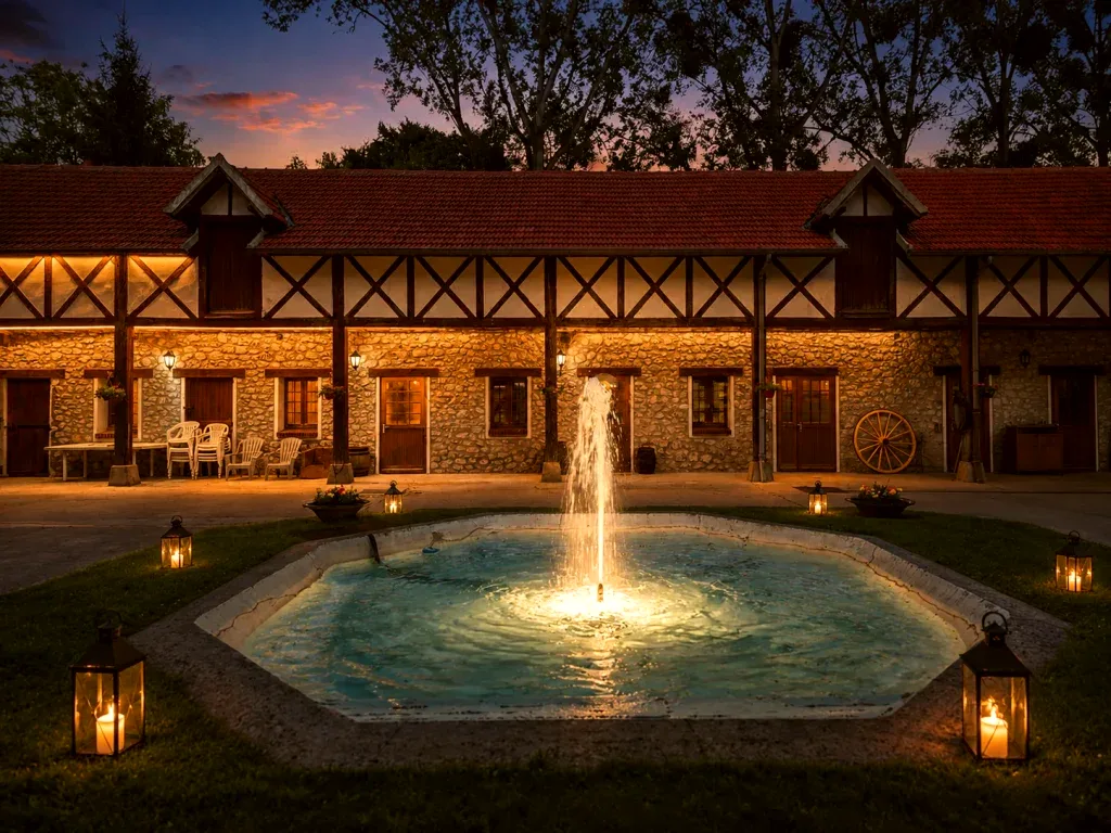 Fontaine et bâtiments à colombages du Domaine du Moulin Bicheret au crépuscule