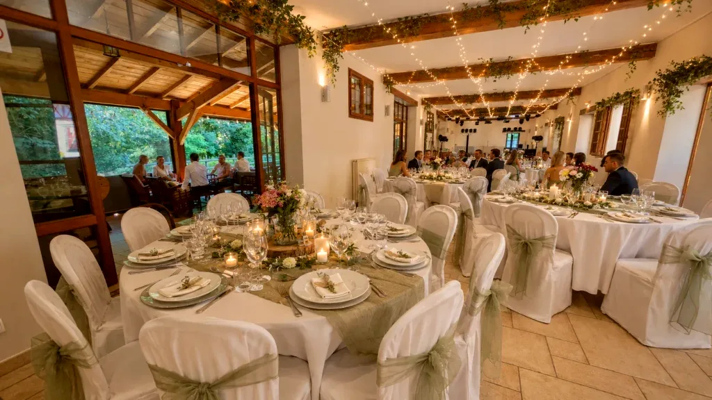Salle de réception du Moulin Bicheret dressée sur un thème verdure avec invités à table