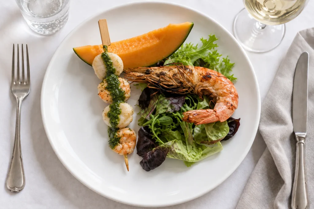 Brochette de saint-jacques au basilic, gambas grillée, tranche de melon et mesclun, entrée servie à table par le traiteur du Moulin Bicheret