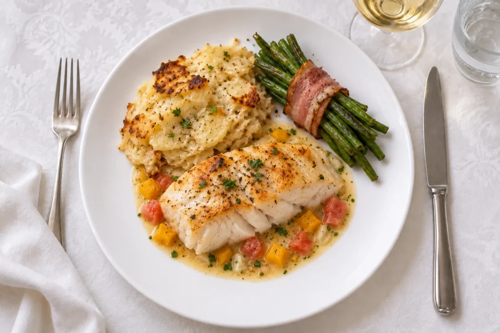 Dos de cabillaud rôti sur brunoise de légumes, gratin dauphinois et fagot de haricots verts au lard, servi à table par le traiteur du Moulin Bicheret