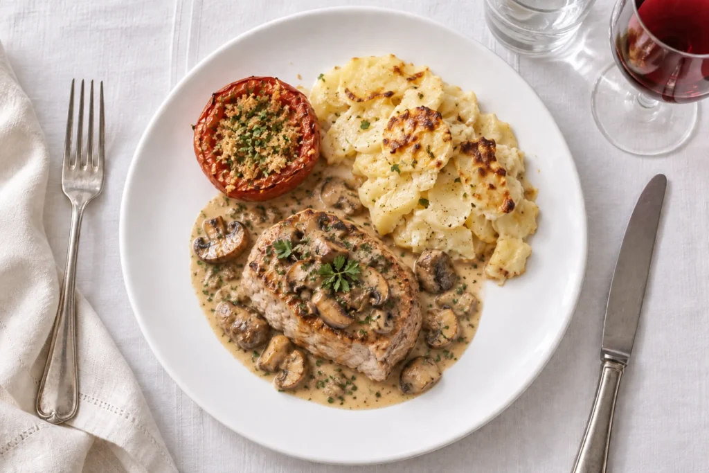 Grenadin de veau à la crème de champignons, gratin dauphinois et tomate provençale, servi à table par le traiteur du Moulin Bicheret