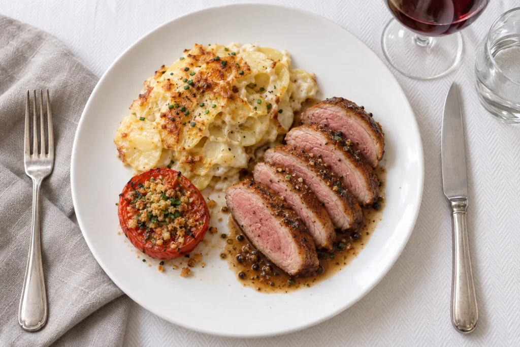 Magret de canard rosé tranché au jus poivré, gratin dauphinois et tomate provençale, servi à table par le traiteur du Moulin Bicheret