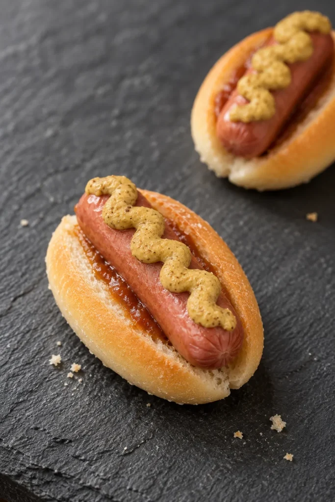 Mini hot-dogs à la moutarde à l'ancienne sur ardoise, bouchées de cocktail du traiteur du Moulin Bicheret
