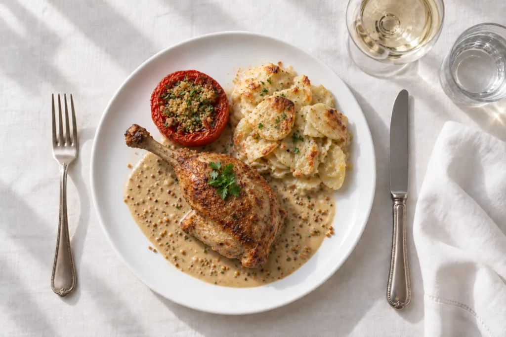 Suprême de pintade sauce à l'ancienne à la moutarde en grains, gratin dauphinois et tomate provençale, servi à table par le traiteur du Moulin Bicheret